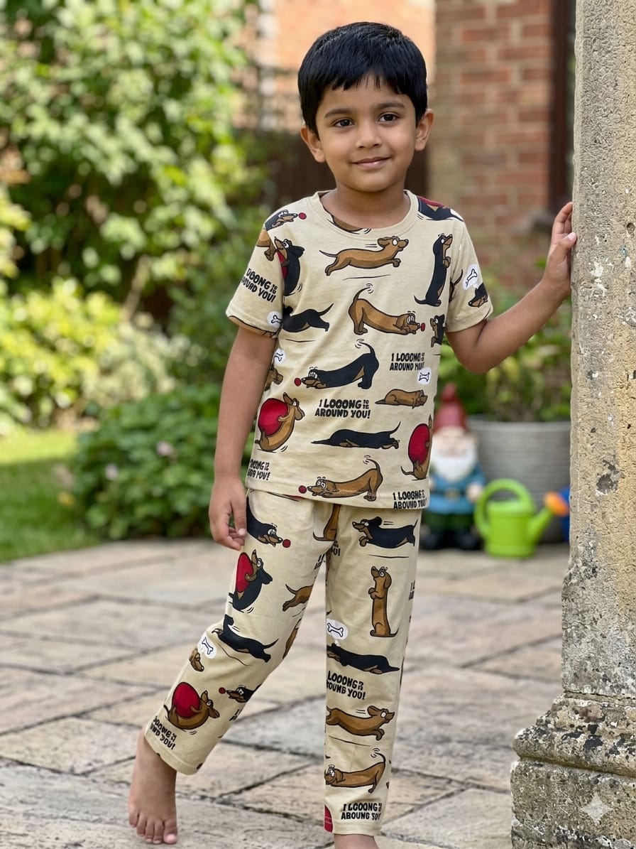 Beige Dachshund Dog Print T-Shirt and Pant Co-ords