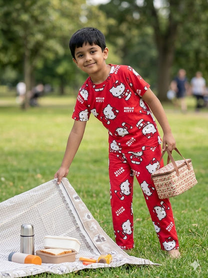Red Hello Kitty Print T-Shirt and Pant Co-ords