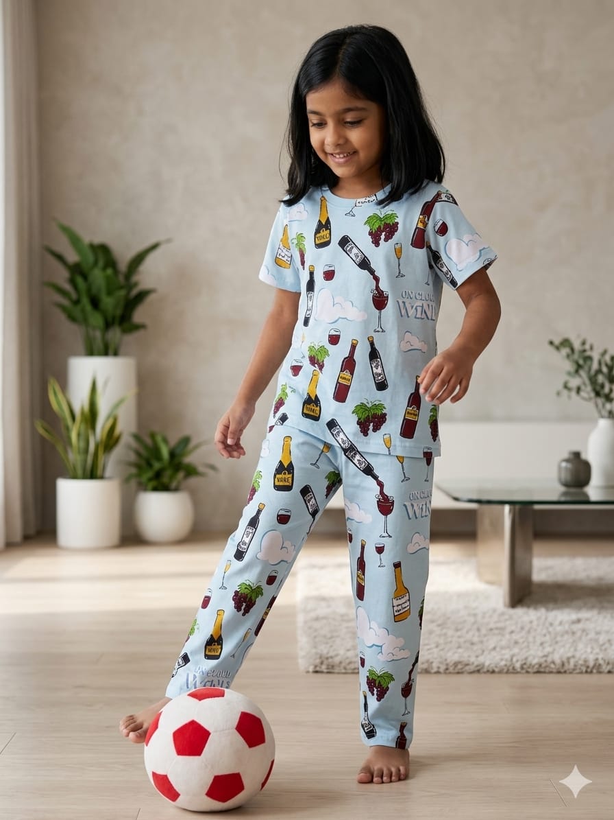 Sky Blue Wine Print T-Shirt and Pant Co-ords