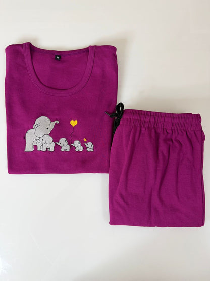 Magenta Elephant Embroidered T-Shirt and Jogger Set