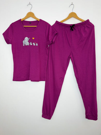 Magenta Elephant Embroidered T-Shirt and Jogger Set