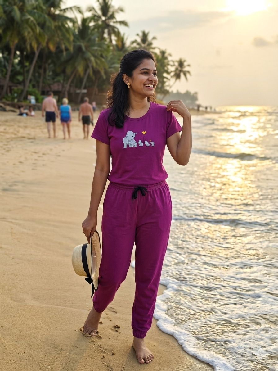 Magenta Elephant Embroidered T-Shirt and Jogger Set