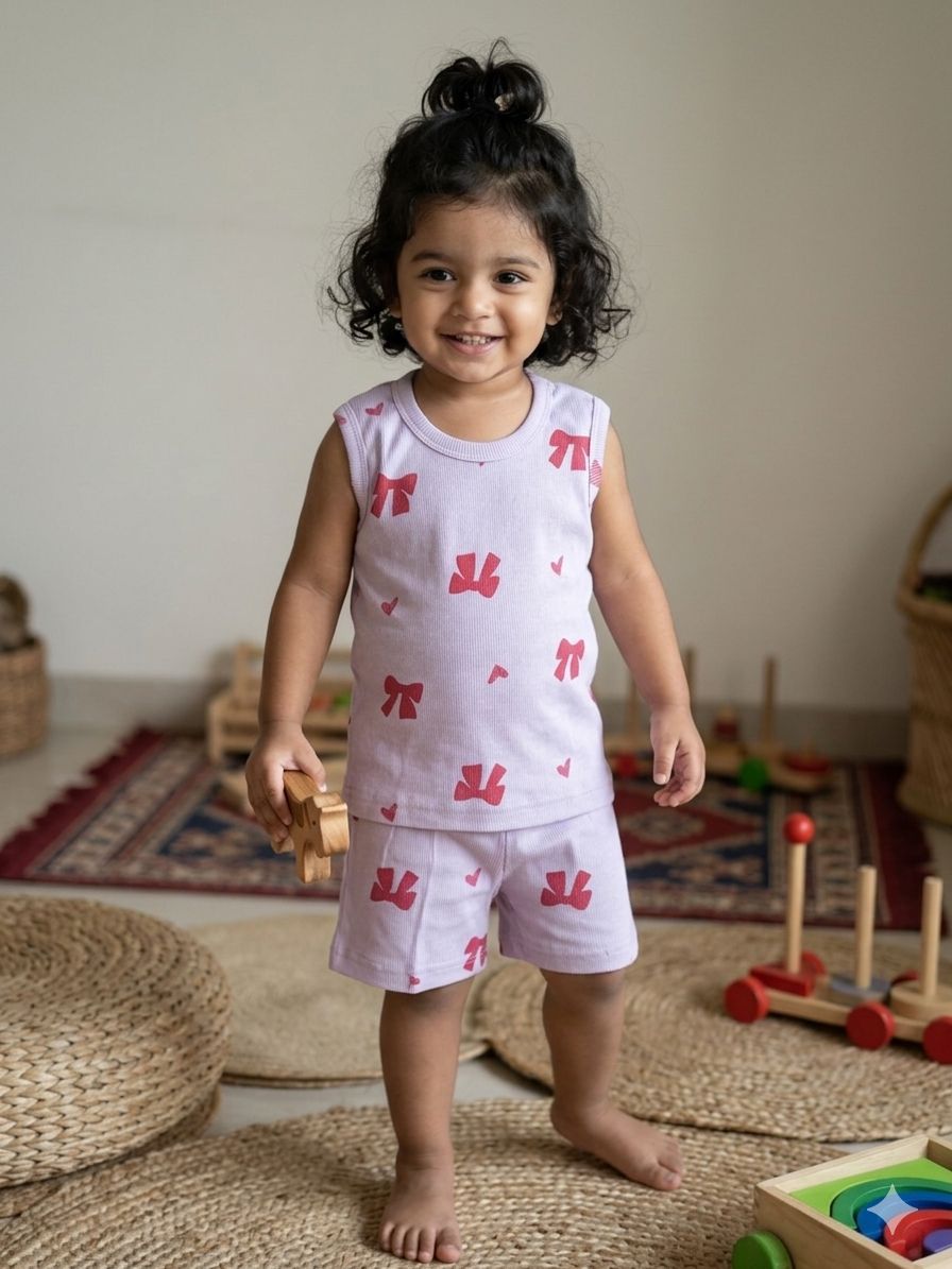 Lavender Bow Print Kids Sleeveless Co-ord Set