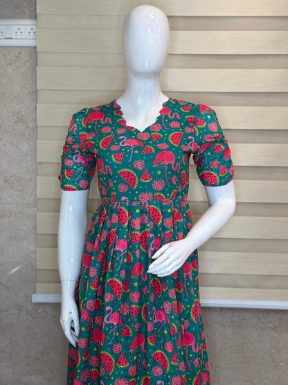Teal Flamingo & Watermelon Print Hakoba Non-Feeding Maxi