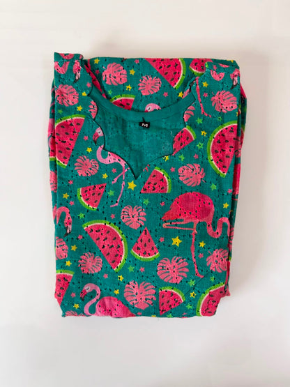 Teal Flamingo & Watermelon Print Hakoba Non-Feeding Maxi