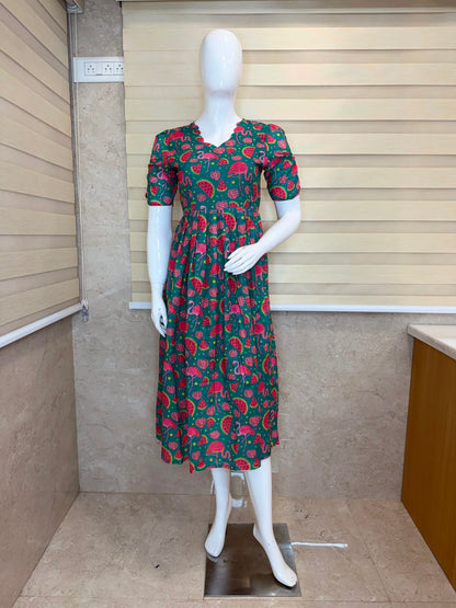 Teal Flamingo & Watermelon Print Hakoba Non-Feeding Maxi