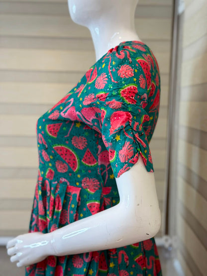 Teal Flamingo & Watermelon Print Hakoba Non-Feeding Maxi