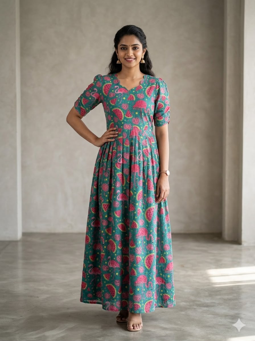 Teal Flamingo & Watermelon Print Hakoba Non-Feeding Maxi