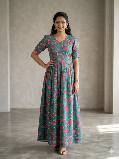 Teal Flamingo & Watermelon Print Hakoba Non-Feeding Maxi