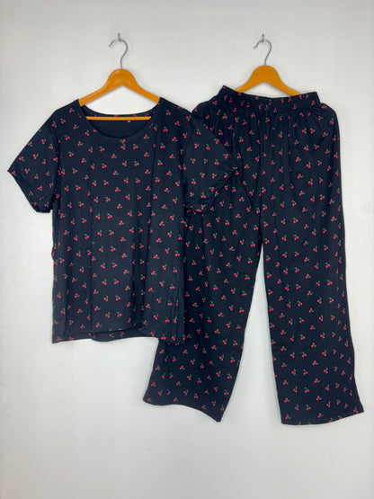 Navy Cherry Print T-Shirt and Palazzo