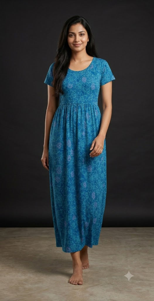 Sky Blue Floral Printed Round Neck Lounge Frock