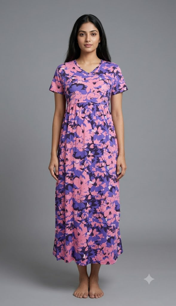 Pink and Violet Floral Printed Knitted V-Neck Cotton Lounge Frock