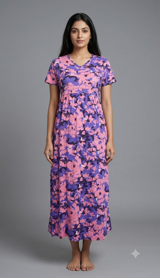 Pink and Violet Floral Printed Knitted V-Neck Cotton Lounge Frock