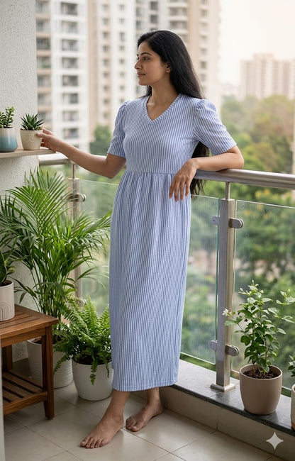 Blue and White Horizontal Stripes Printed V-Neck Lounge Frock
