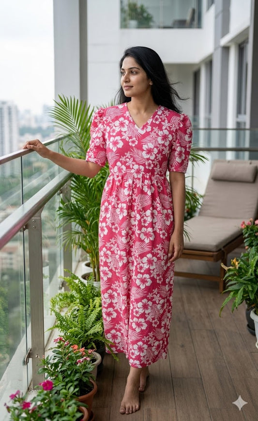 Red with White Floral Printed V-Neck Lounge Frock
