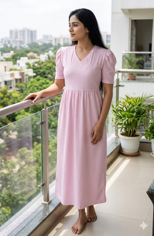 Pink and White Stripes Printed V-Neck Lounge Frock