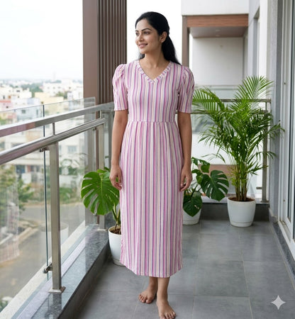 White Horizontal Stripes Printed V-Neck Lounge Frock