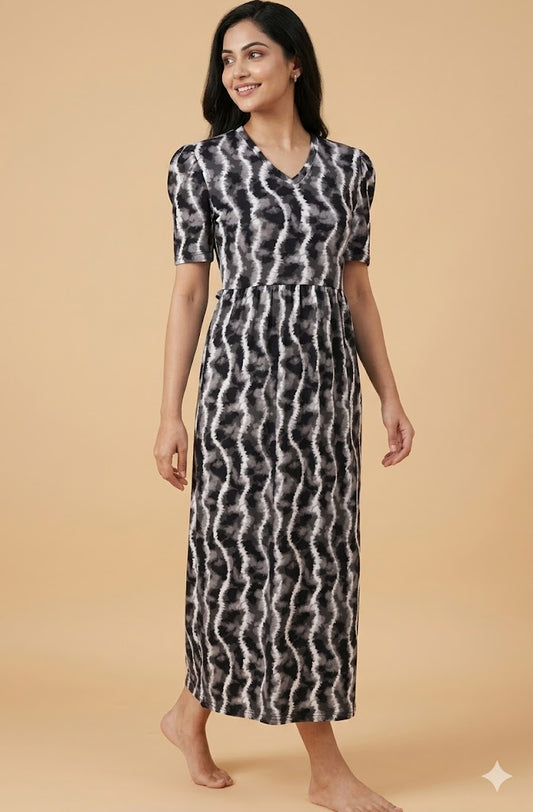 Triple Colors Wavey Printed V-Neck Lounge Frock