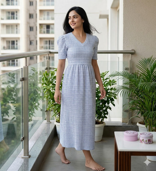 White and Blue Lattice Printed V-Neck Lounge Frock