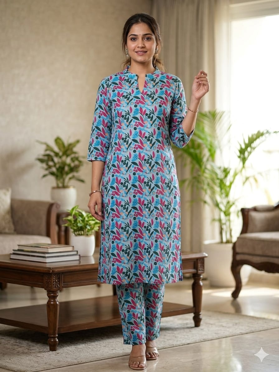 Sky Blue Leaf Print Outdoor Wear Co-ords