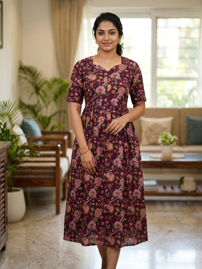 Maroon Floral Print Double Zip Cotton Maxi