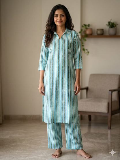Sky Blue Striped Print Outdoor Wear Co-ords