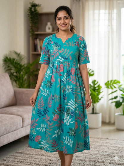 Teal Blue Leaf Print Double Zip Cotton Maxi