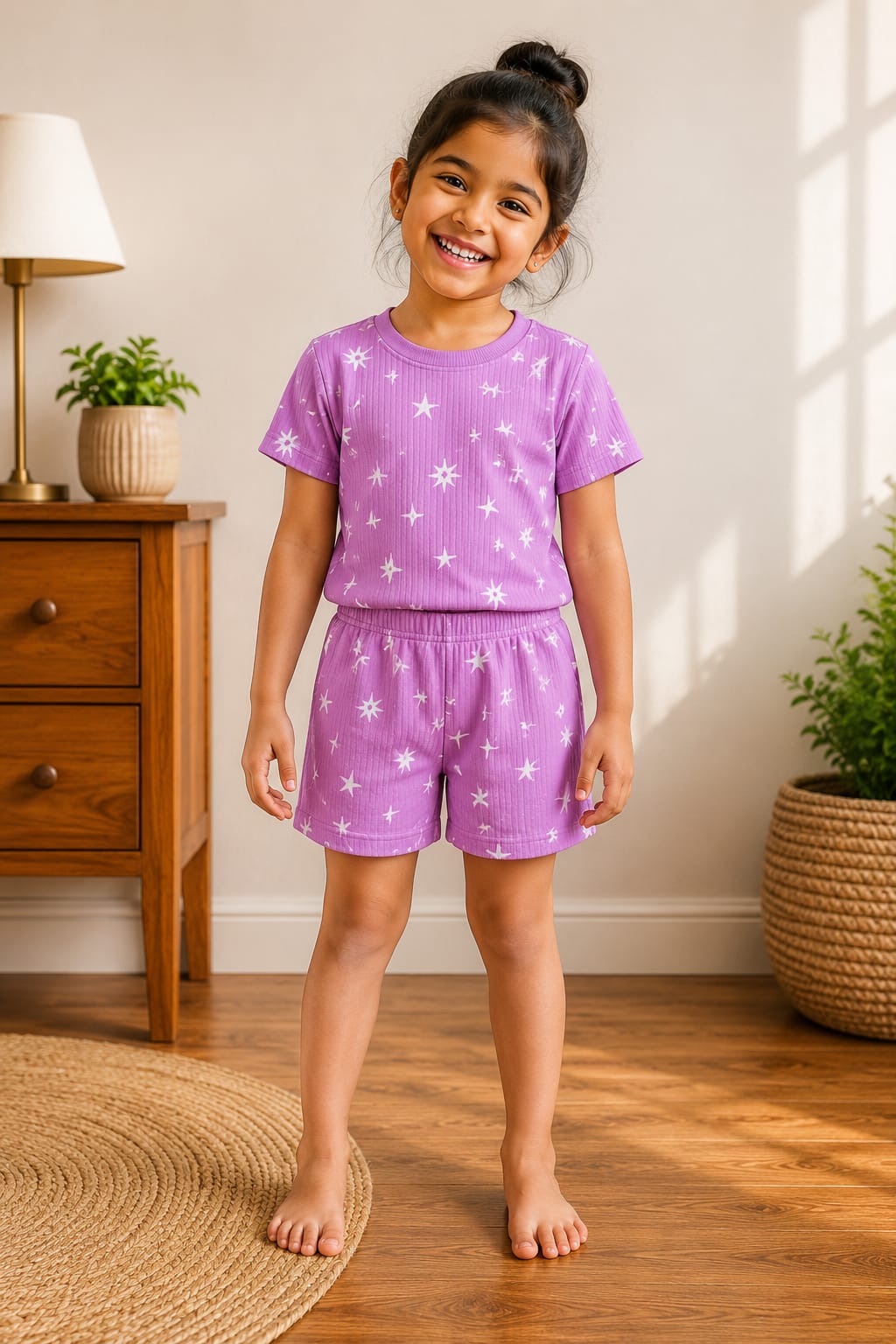 Pink White Star Printed Kids T-Shirt and Shorts Coords