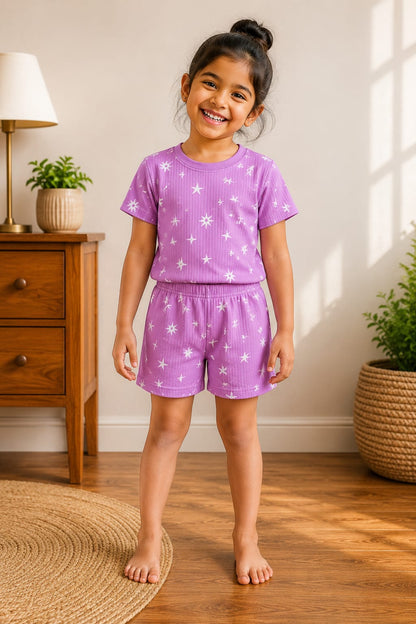 Pink White Star Printed Kids T-Shirt and Shorts Coords