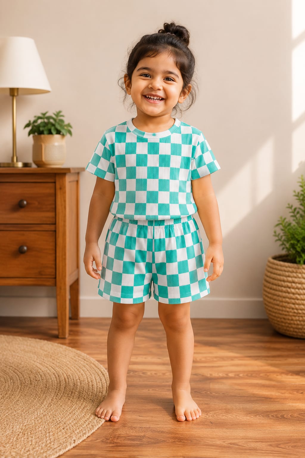 Mint Green White Checkered Kids T-Shirt and Shorts Coords