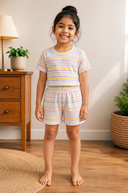 Pastel Multicolor Striped Kids T-Shirt and Shorts Coords