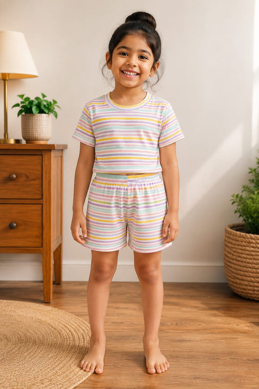 Pastel Multicolor Striped Kids T-Shirt and Shorts Coords