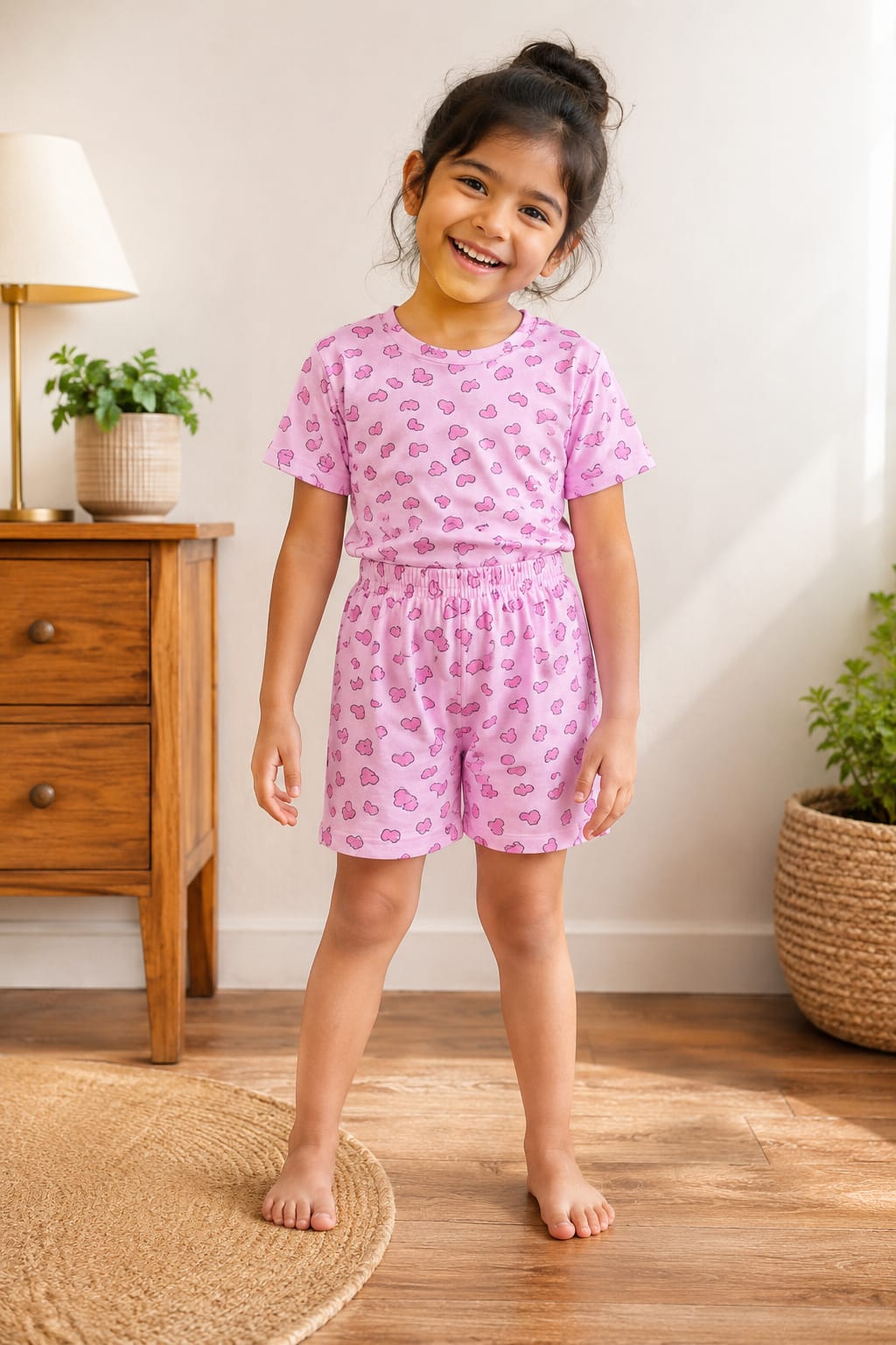 Baby Pink Heart Printed Kids T-Shirt and Shorts Coords