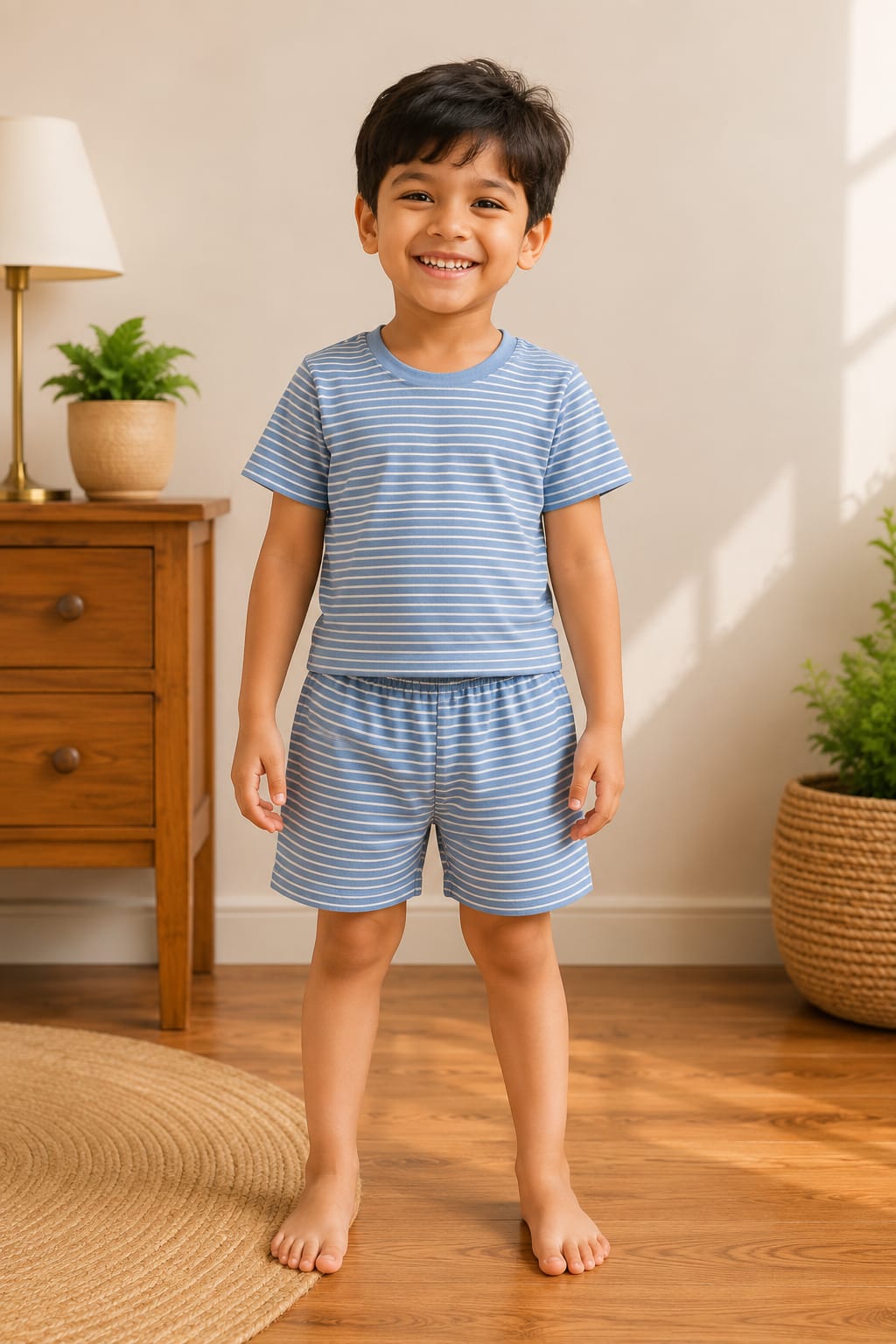Blue White Striped Kids T-Shirt and Shorts Coords