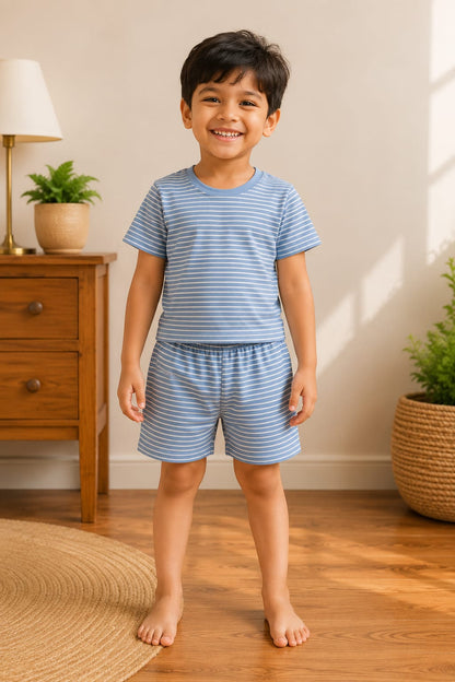 Blue White Striped Kids T-Shirt and Shorts Coords