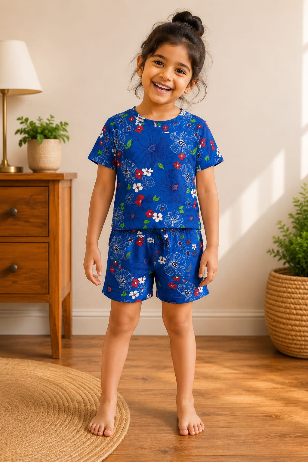 Royal Blue Multicolor Floral Printed Kids T-Shirt and Shorts Coords