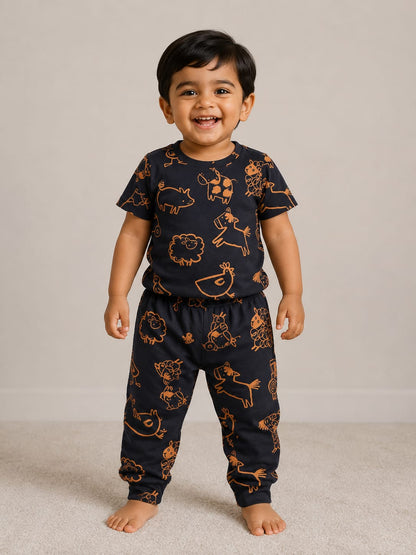 Midnight Navy Animal Print Kids Co-ord Tshirt and Pant Set