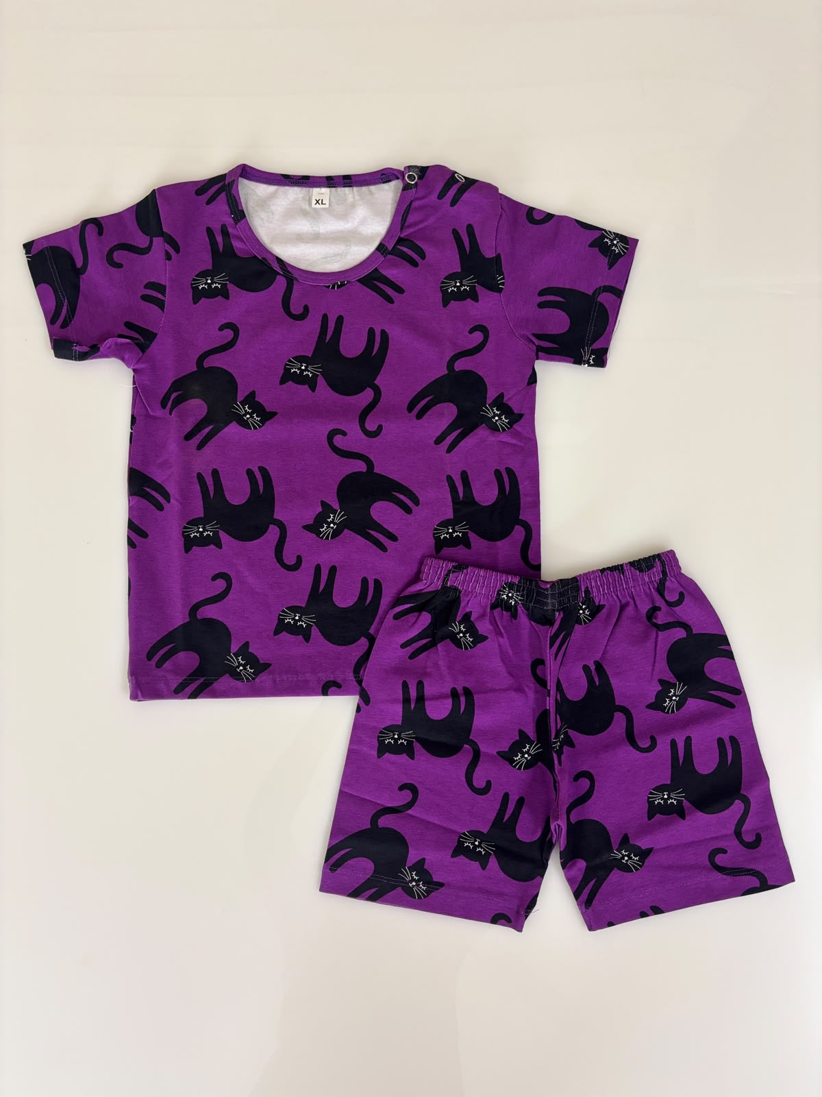 Kids Royal Purple Black Cat Print T-Shirt & Shorts Co-ord Set