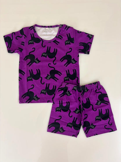 Kids Royal Purple Black Cat Print T-Shirt & Shorts Co-ord Set