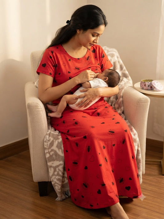 Coral Red Heart & Bee Print Maternity Feeding Maxi