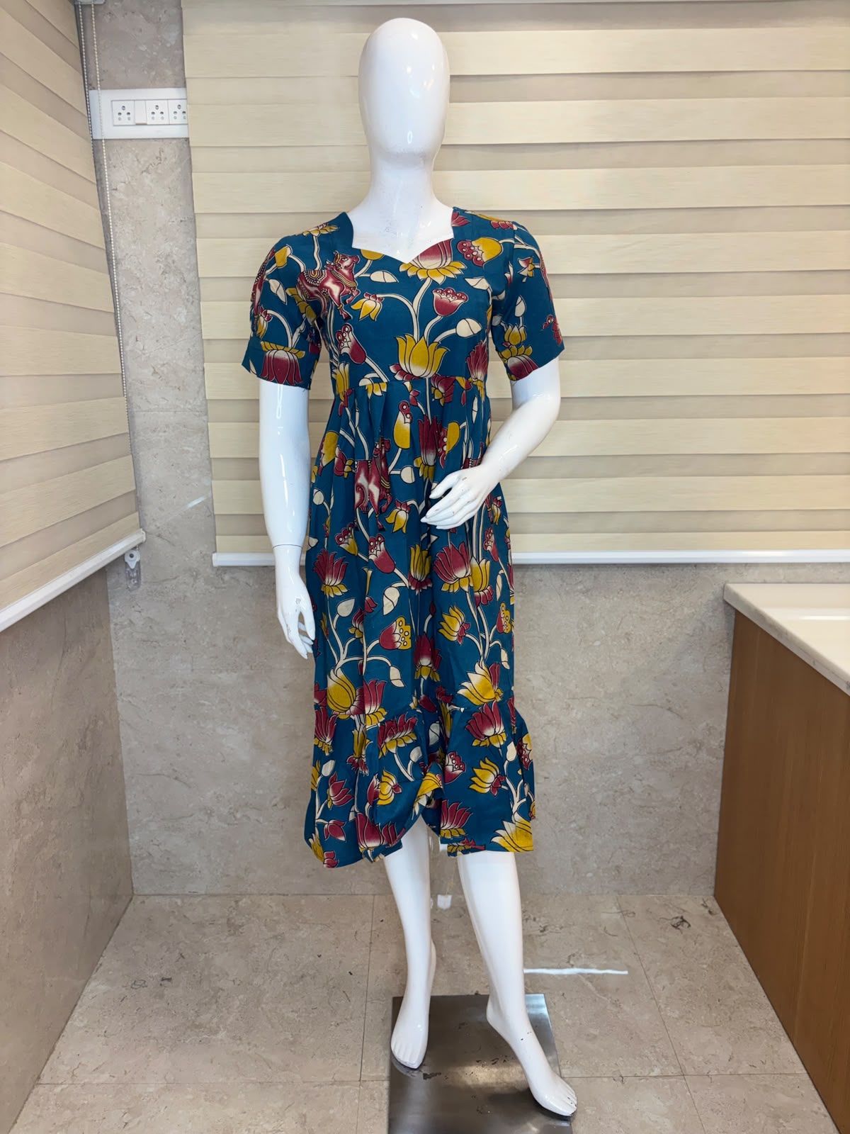 Kalamkari Navy Blue Floral Cotton Frock