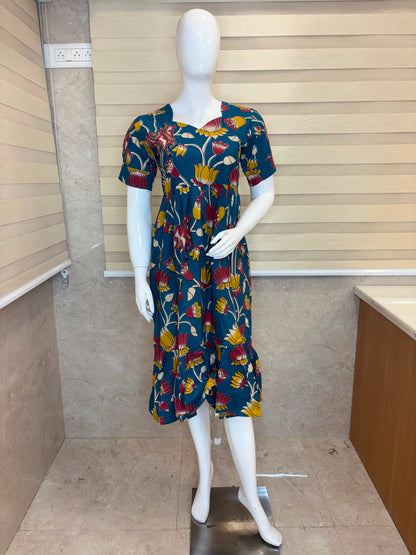 Kalamkari Navy Blue Floral Cotton Frock