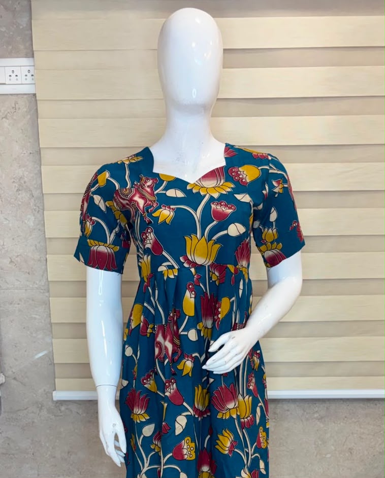Kalamkari Navy Blue Floral Cotton Frock
