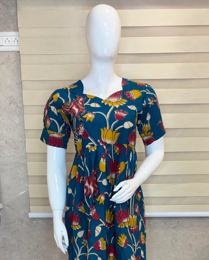 Kalamkari Navy Blue Floral Cotton Frock