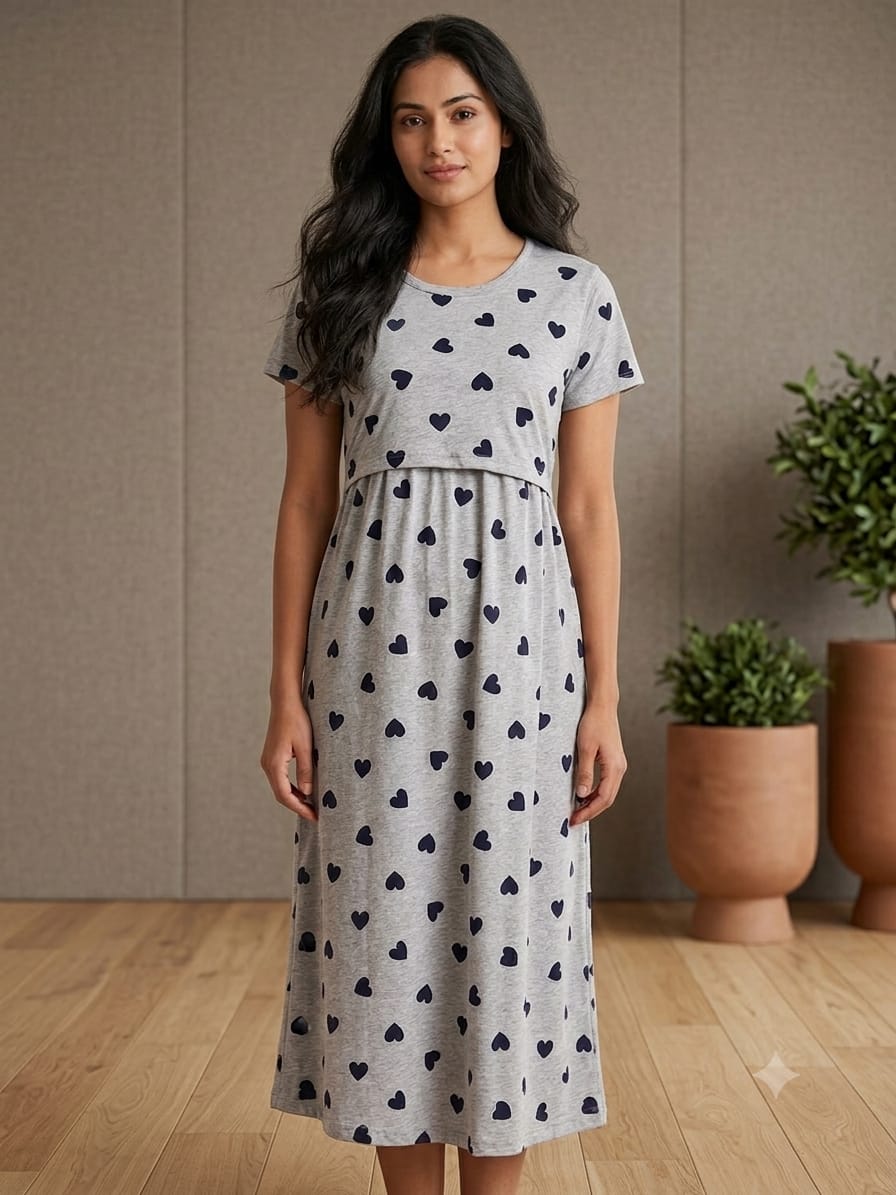 Grey Heart Print Maternity Maxi