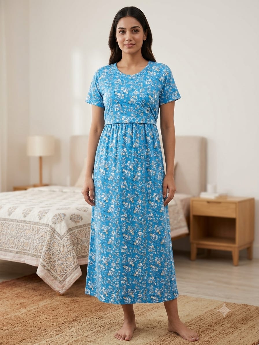 Sky Blue Ditsy Floral Print Maternity Maxi