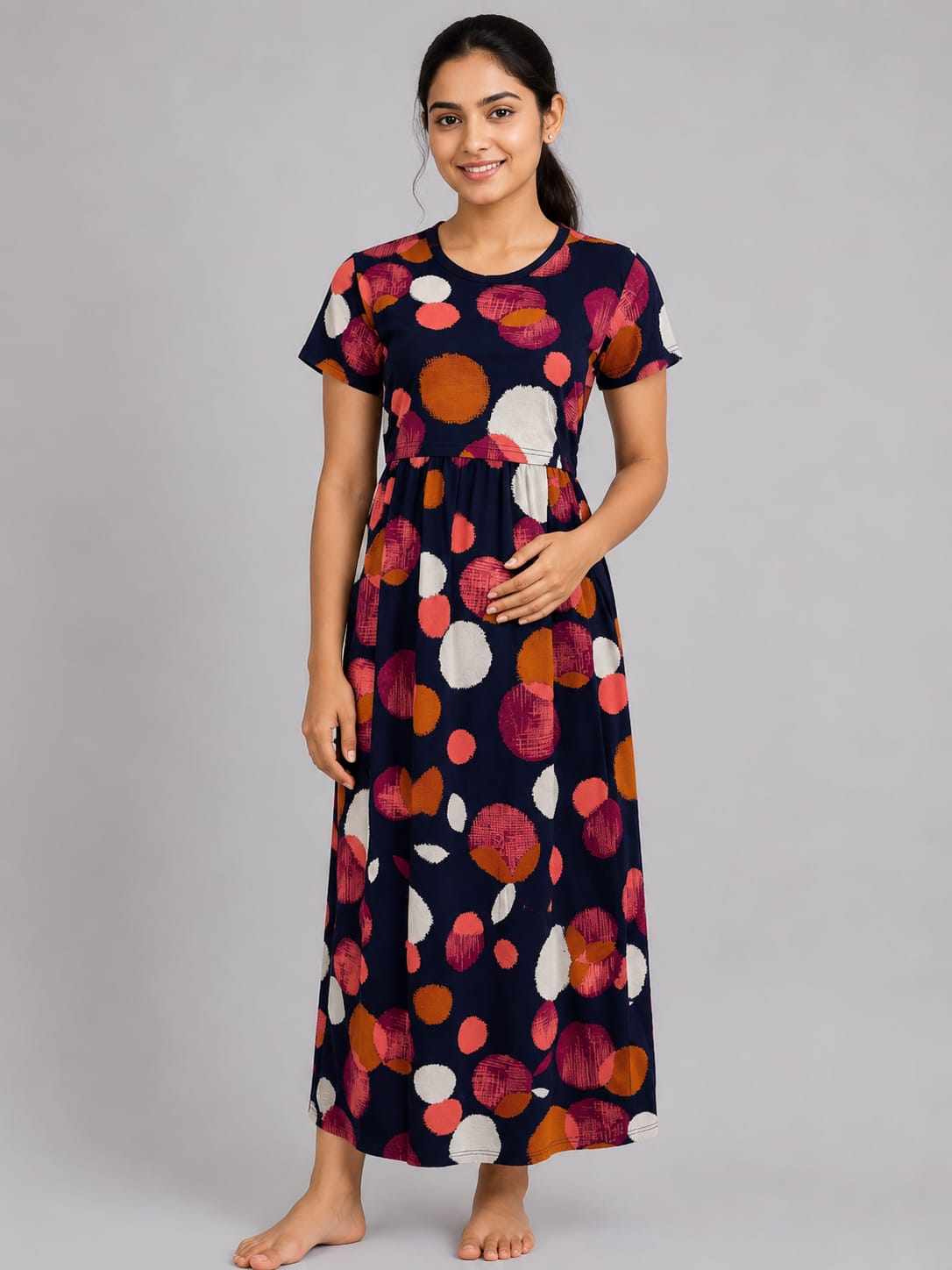 Navy Polka Dot Print Maternity Maxi