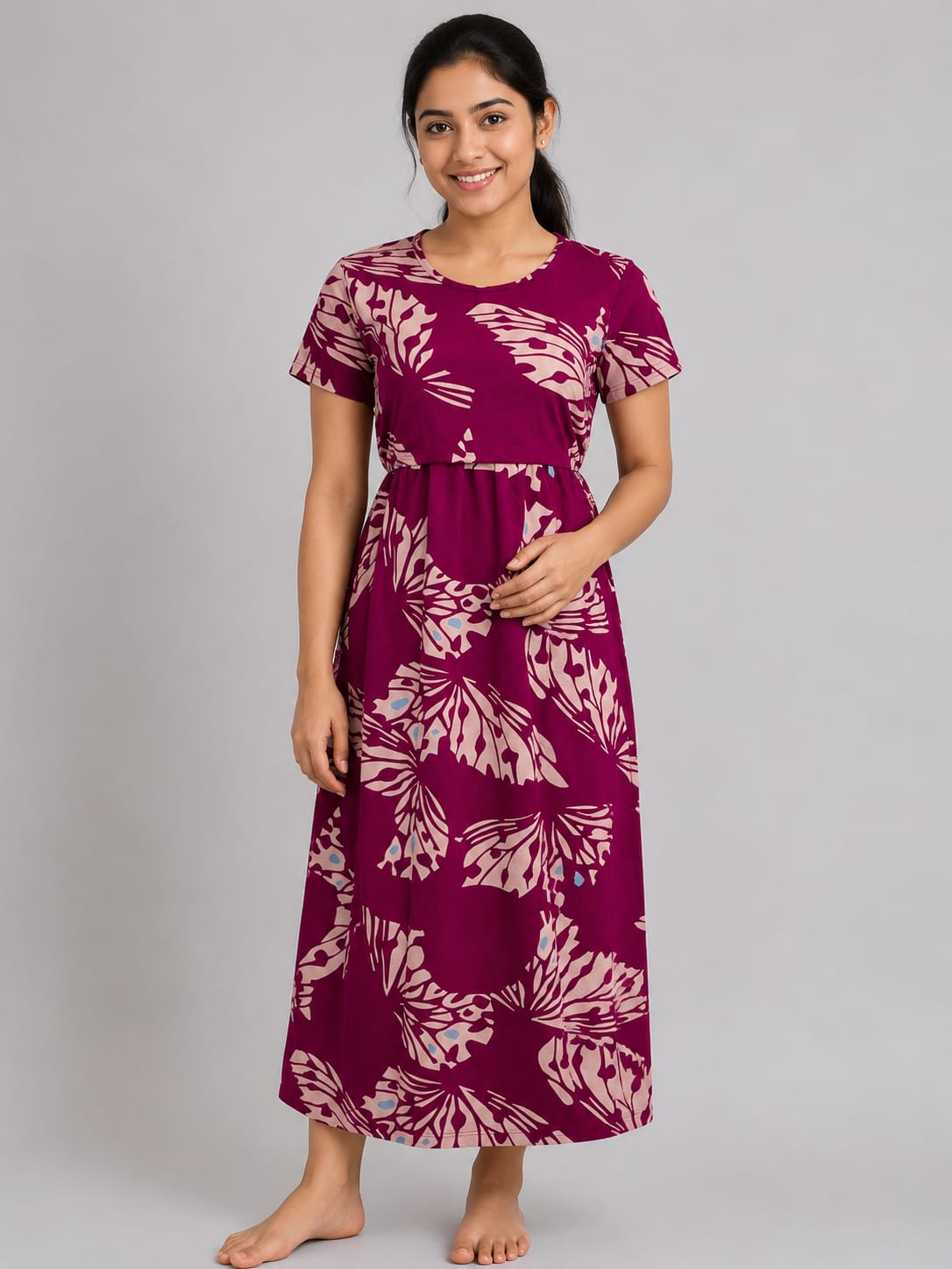 Magenta Butterfly Print Maternity Maxi
