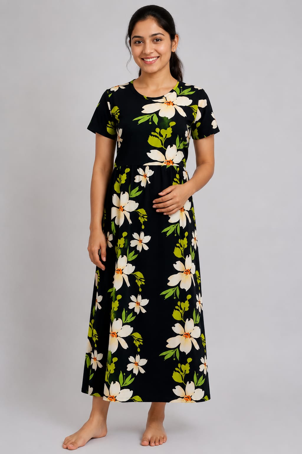 Black Floral Print Maternity Maxi