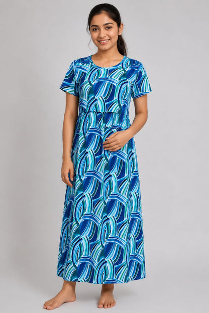 Blue Abstract Print Maternity Maxi